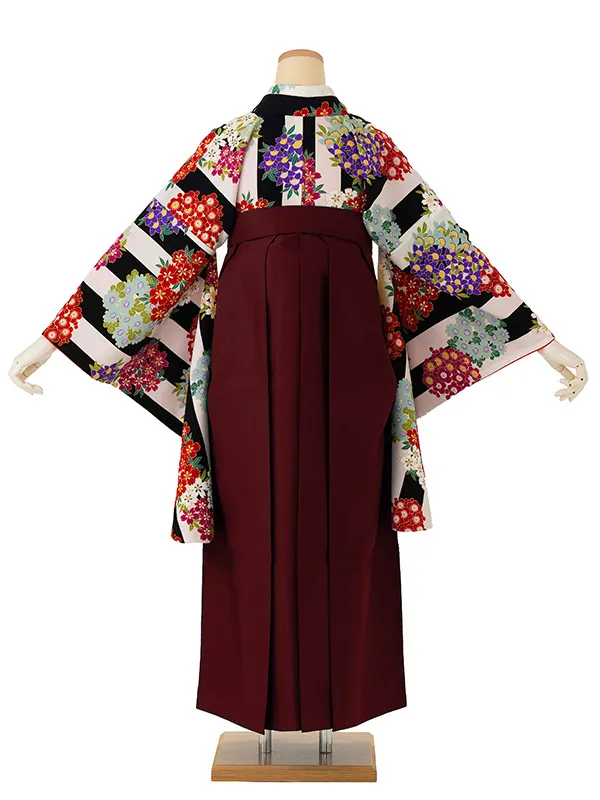 卒業式袴レンタルM0268縞に小花・白×黒×えんじ