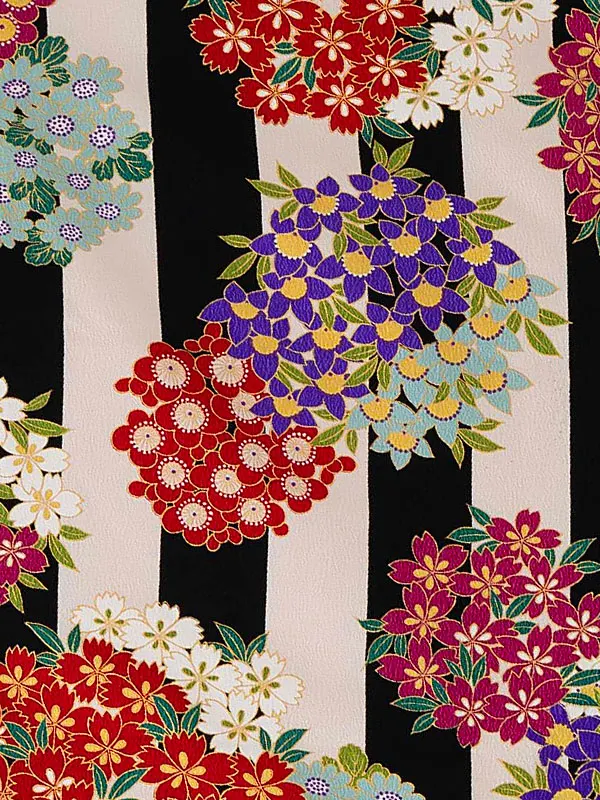 卒業式袴レンタルM0268縞に小花・白×黒×えんじ