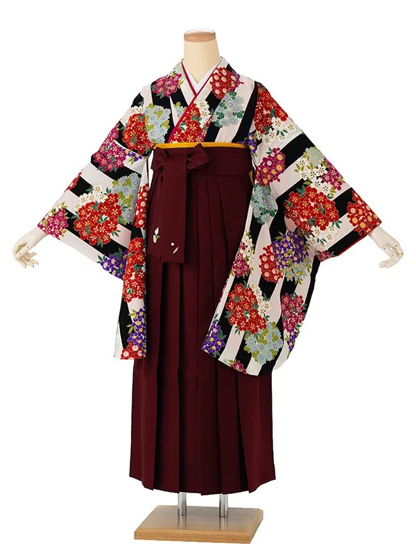 卒業式袴レンタルM0268縞に小花・白×黒×えんじ