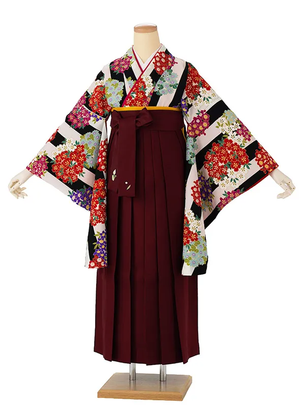 卒業式袴レンタルM0268縞に小花・白×黒×えんじ