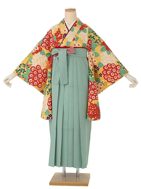 卒業式袴レンタルM0269小菊と紫陽花・黄×縞／ミントグリーン