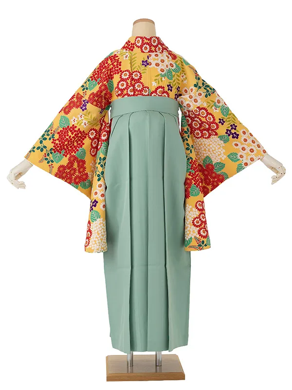卒業式袴レンタルM0269小菊と紫陽花・黄×縞／ミントグリーン