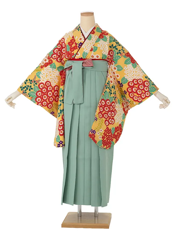 卒業式袴レンタルM0269小菊と紫陽花・黄×縞／ミントグリーン