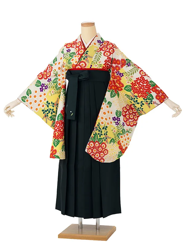 卒業式袴レンタルM0270小菊と紫陽花・ボカシ黄×緑