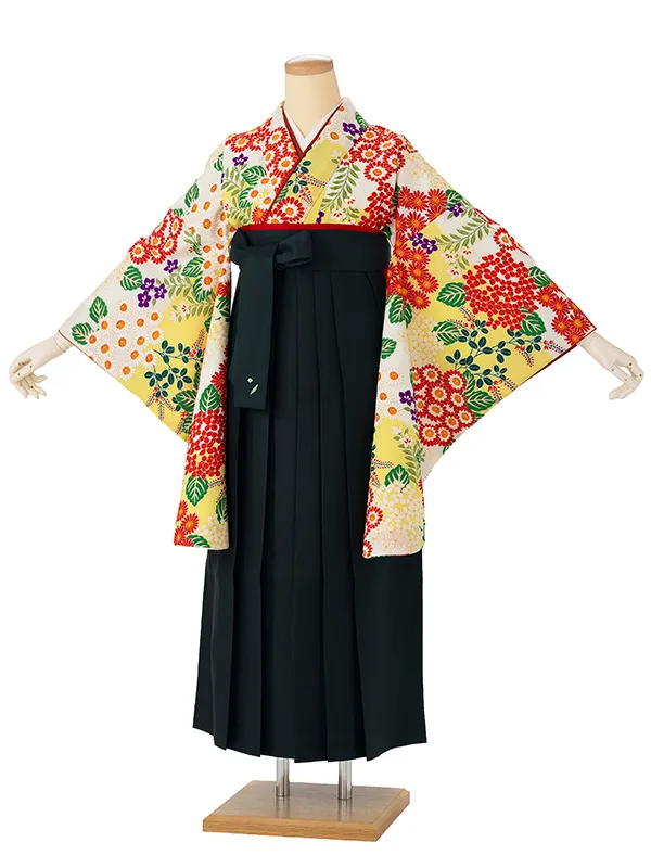 卒業式袴レンタルM0270小菊と紫陽花・ボカシ黄×緑