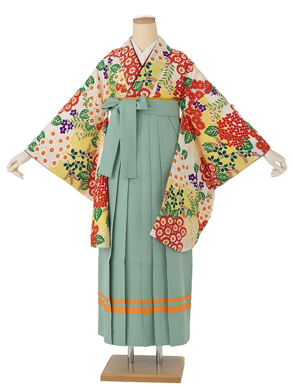 卒業式袴レンタルM0270小菊と紫陽花・ボカシ黄×2ライン／ミントグリーン