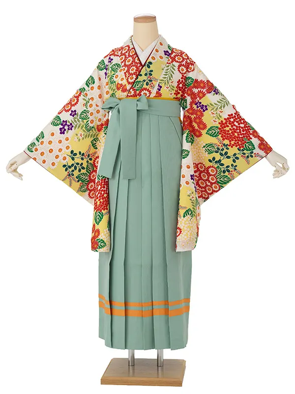 卒業式袴レンタルM0270小菊と紫陽花・ボカシ黄×2ライン／ミントグリーン