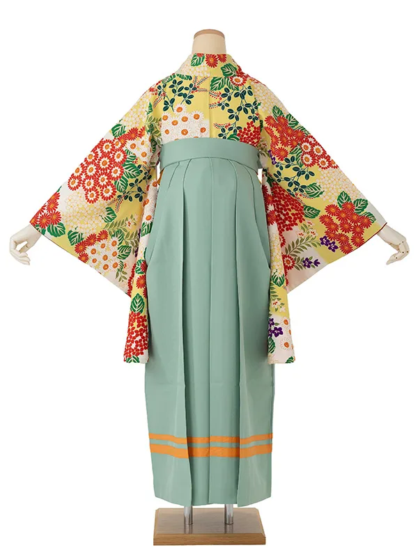 卒業式袴レンタルM0270小菊と紫陽花・ボカシ黄×2ライン／ミントグリーン