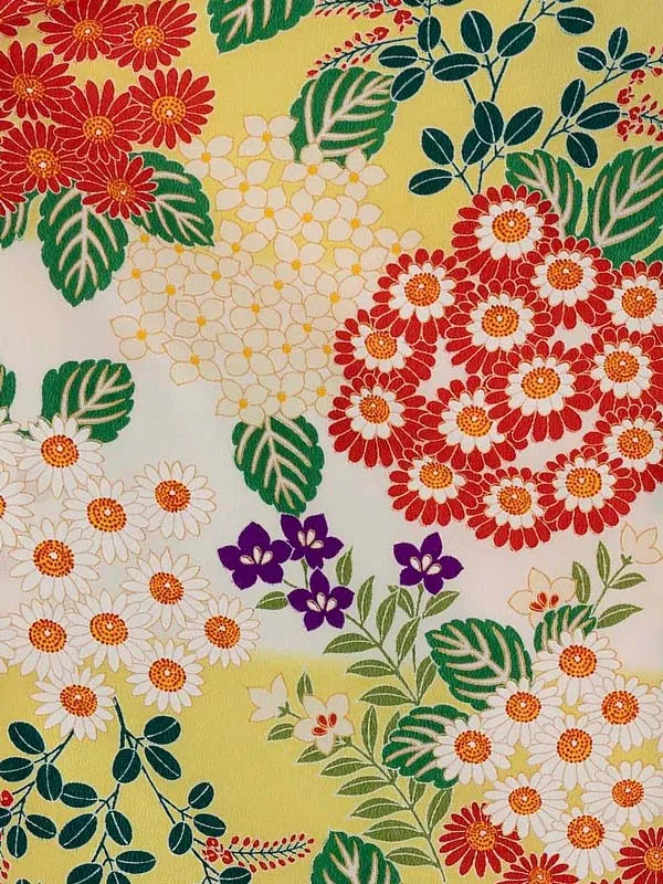 卒業式袴レンタルM0270小菊と紫陽花・ボカシ黄×2ライン／ミントグリーン