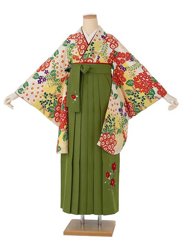 卒業式袴レンタルM0270小菊と紫陽花・ボカシ黄×椿刺繍／抹茶
