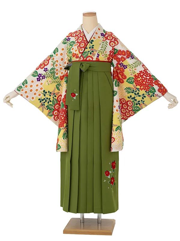 卒業式袴レンタルM0270小菊と紫陽花・ボカシ黄×椿刺繍／抹茶