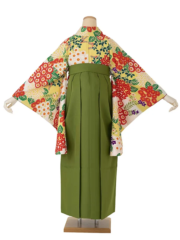 卒業式袴レンタルM0270小菊と紫陽花・ボカシ黄×椿刺繍／抹茶