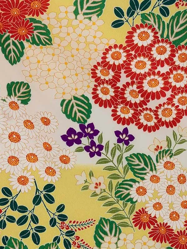 卒業式袴レンタルM0270小菊と紫陽花・ボカシ黄×椿刺繍／抹茶