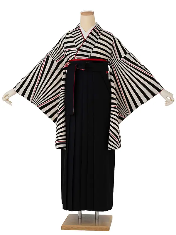 卒業式袴レンタルM0275ナナメ縞・黒×縞／黒