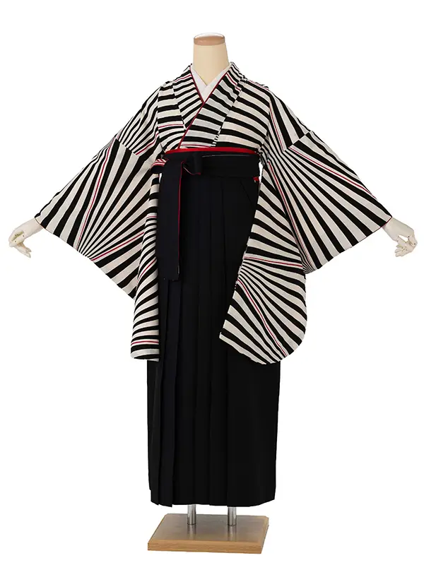卒業式袴レンタルM0275ナナメ縞・黒×縞／黒