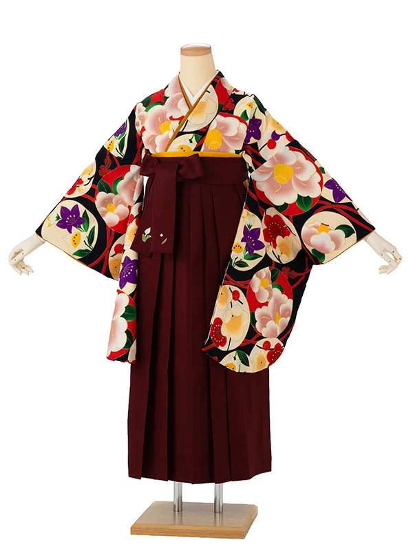 卒業式袴レンタルM0279華丸紋・黒×えんじ