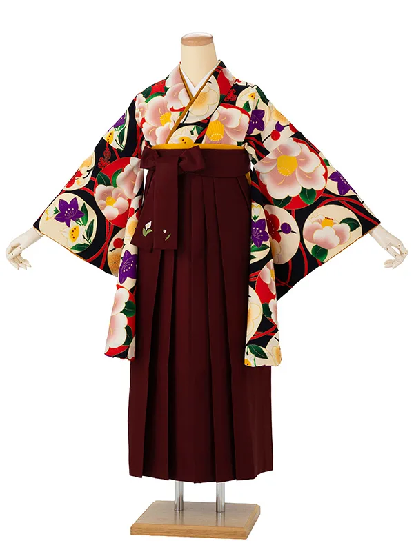卒業式袴レンタルM0279華丸紋・黒×えんじ