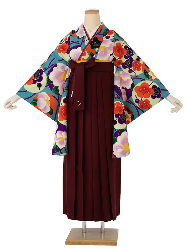 卒業式袴レンタルM0280華丸紋・水色×えんじ