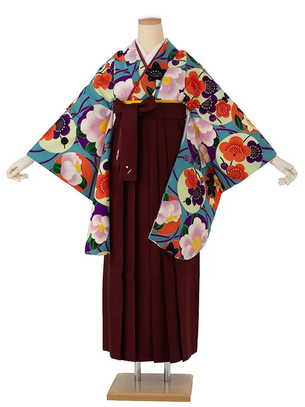 卒業式袴レンタルM0280華丸紋・水色×えんじ