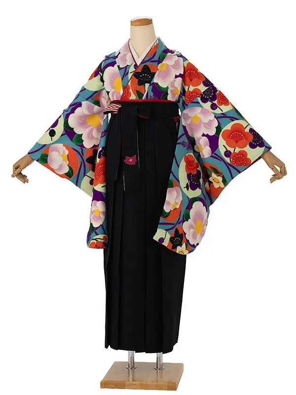 卒業式袴レンタルM0280華丸紋・水色×縞／黒