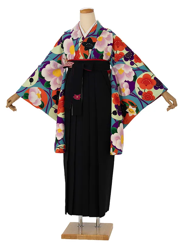 卒業式袴レンタルM0280華丸紋・水色×縞／黒