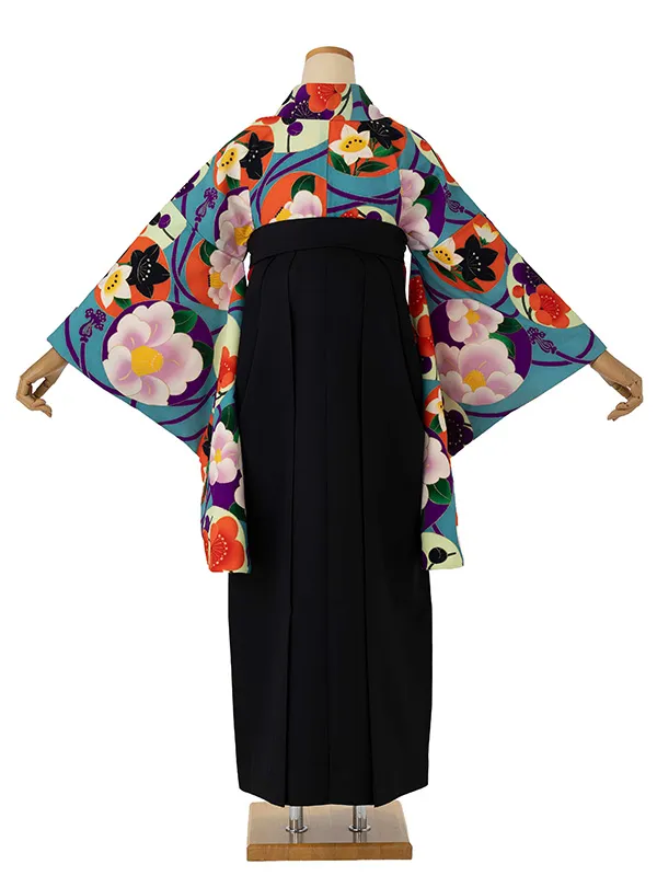 卒業式袴レンタルM0280華丸紋・水色×縞／黒