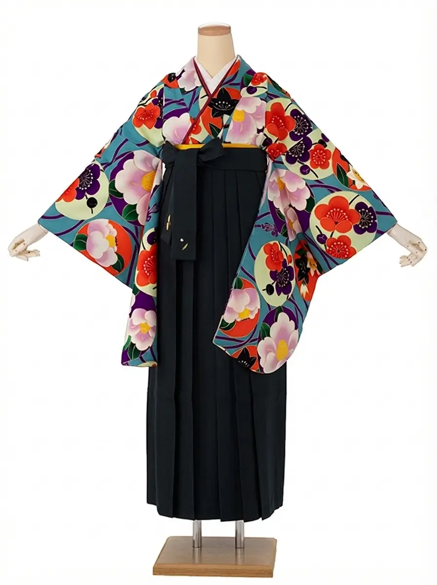 卒業式袴レンタルM0280華丸紋・水色×黒