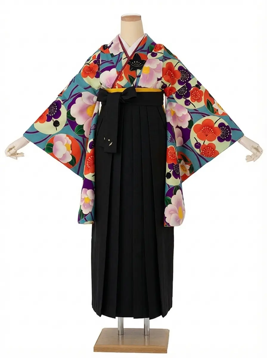 卒業式袴レンタルM0280華丸紋・水色×黒