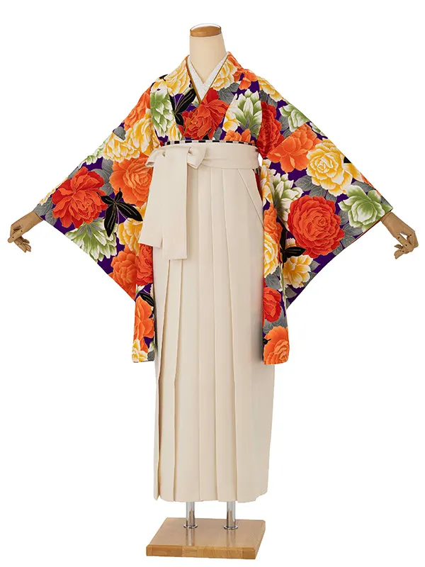 卒業式袴レンタルM0281バラと蝶・紫×オフホワイト