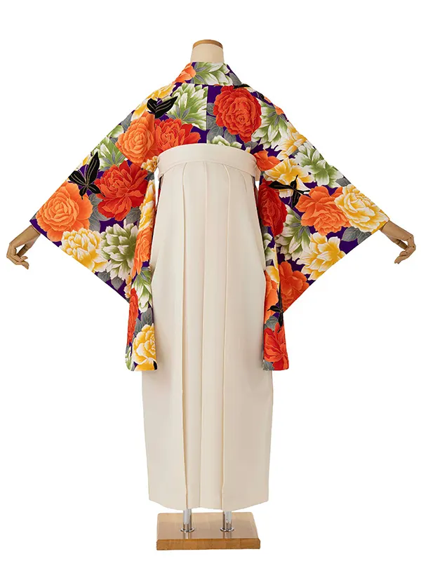 卒業式袴レンタルM0281バラと蝶・紫×オフホワイト