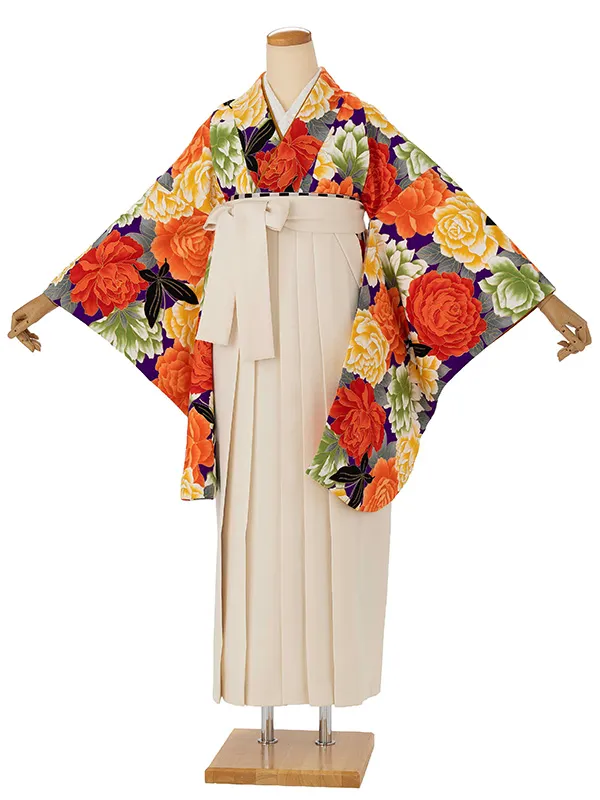 卒業式袴レンタルM0281バラと蝶・紫×オフホワイト