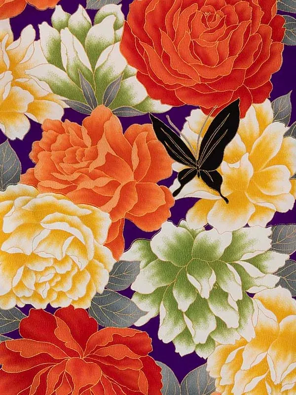 卒業式袴レンタルM0281バラと蝶・紫×えんじ