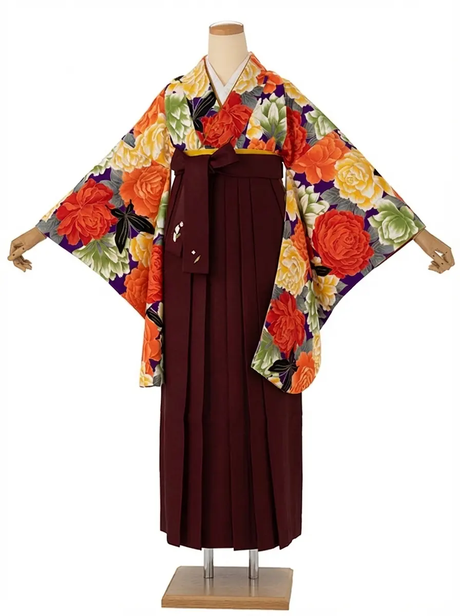 卒業式袴レンタルM0281バラと蝶・紫×えんじ