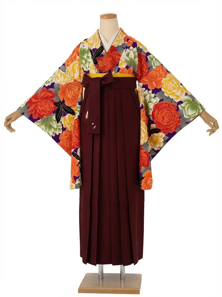 卒業式袴レンタルM0281バラと蝶・紫×えんじ