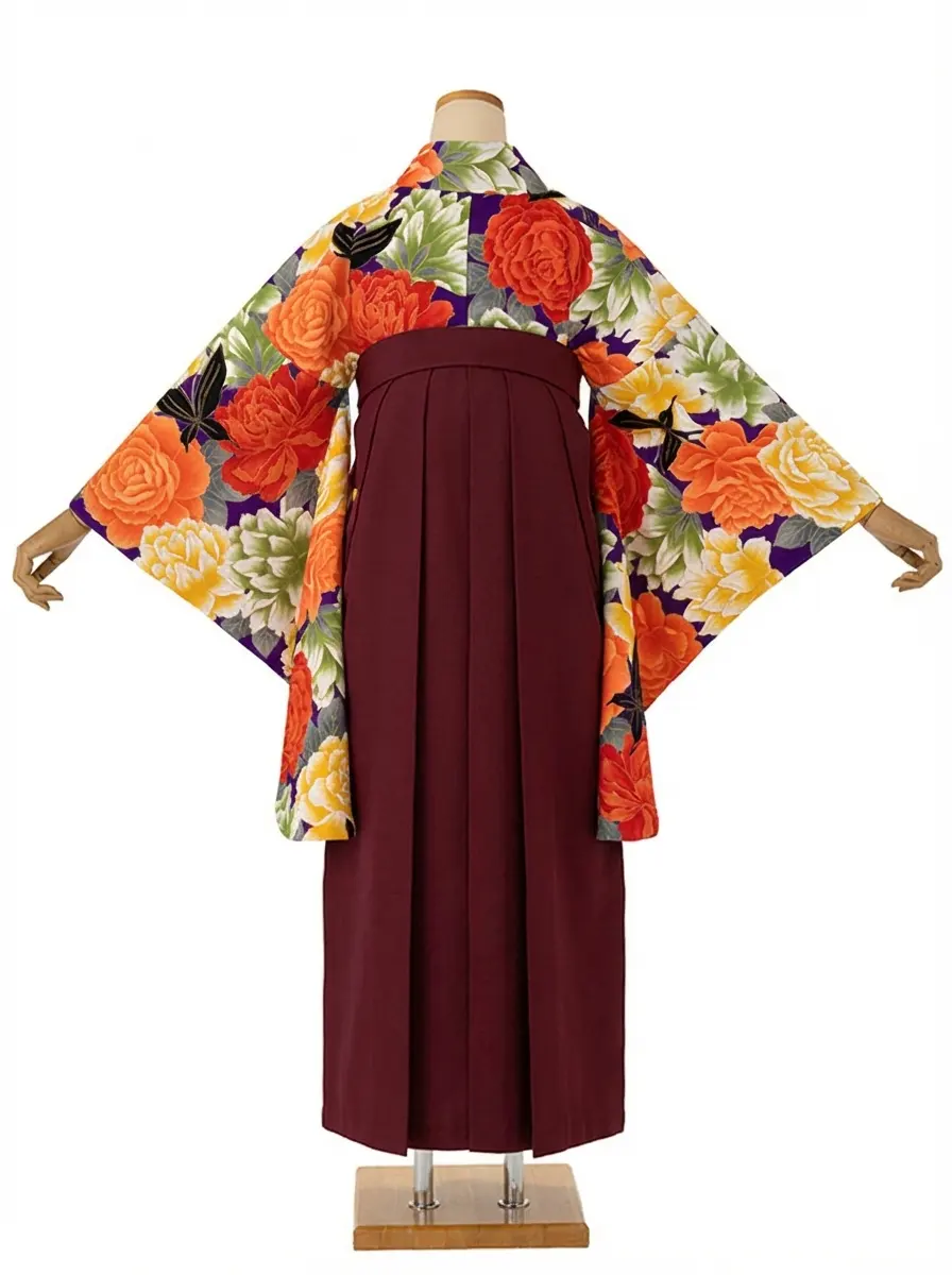 卒業式袴レンタルM0281バラと蝶・紫×えんじ