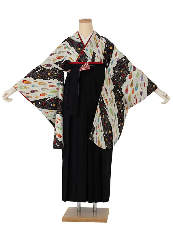 卒業式袴レンタルM0282ピーコック・黒×縞／黒