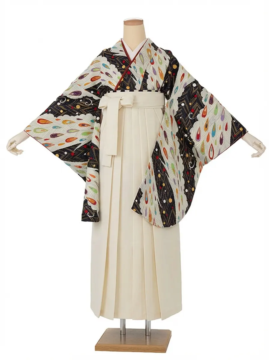 卒業式袴レンタルM0282ピーコック・黒×オフホワイト