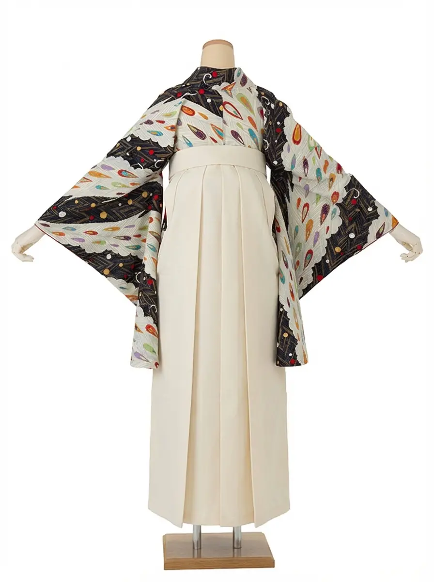 卒業式袴レンタルM0282ピーコック・黒×オフホワイト