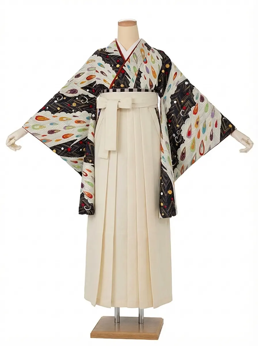 卒業式袴レンタルM0282ピーコック・黒×オフホワイト