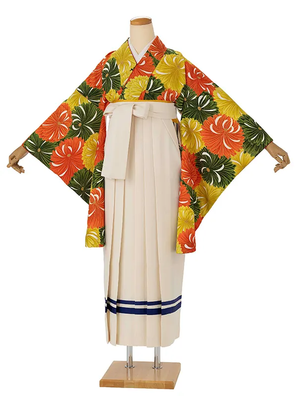 卒業式袴レンタルM0284百々菊・黄×2ライン白