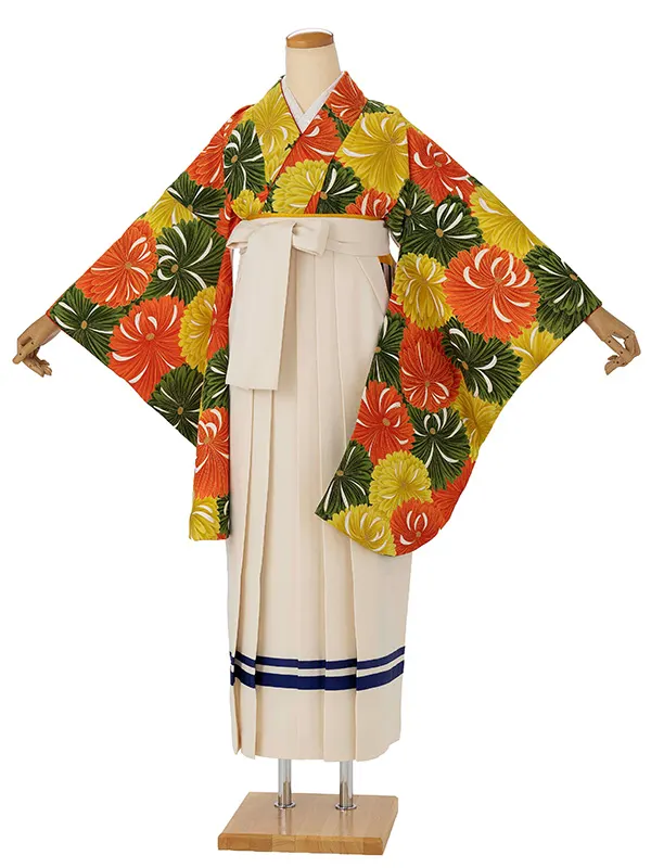 卒業式袴レンタルM0284百々菊・黄×2ライン白