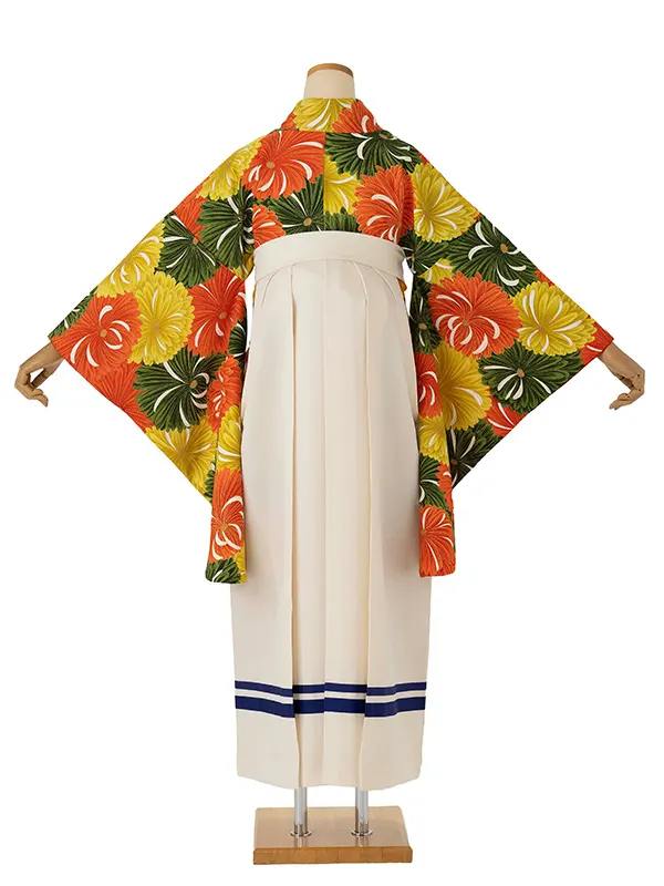 卒業式袴レンタルM0284百々菊・黄×2ライン白