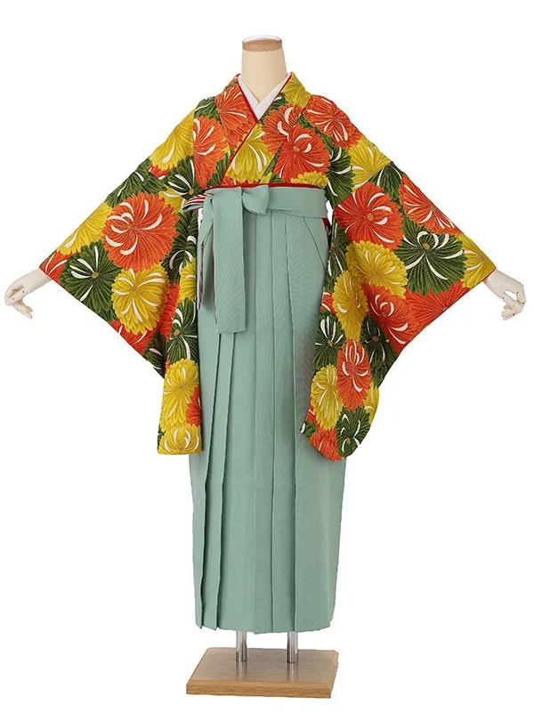 卒業式袴レンタルM0284百々菊・黄×縞／ミントグリーン