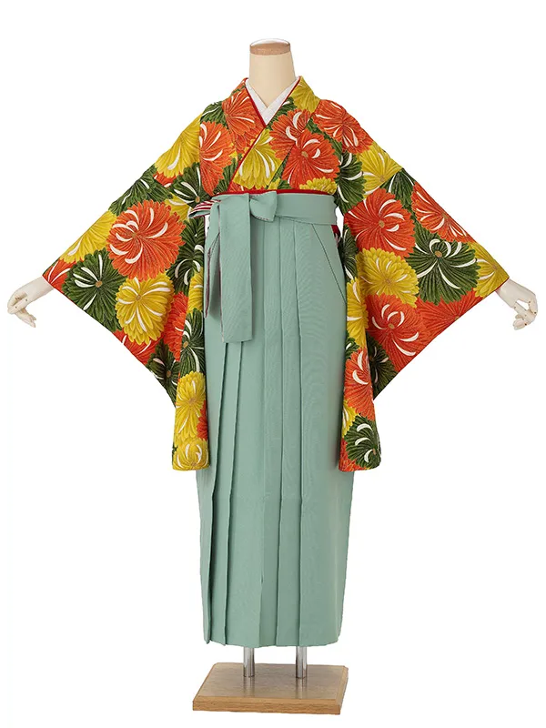 卒業式袴レンタルM0284百々菊・黄×縞／ミントグリーン