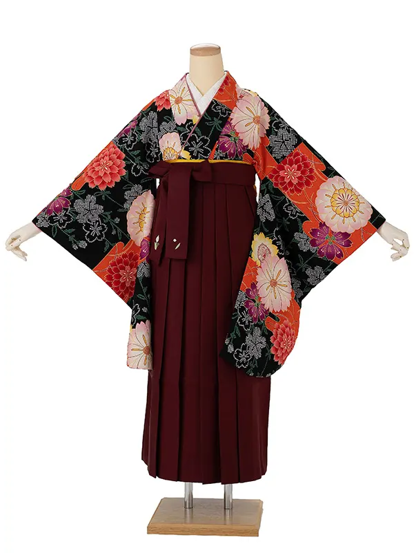 卒業式袴レンタルM0288八重桜・黒×えんじ