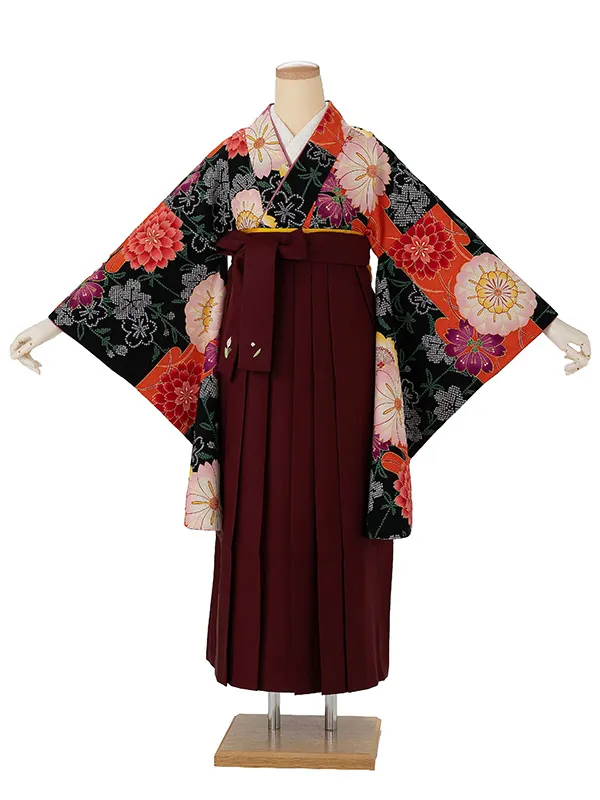 卒業式袴レンタルM0288八重桜・黒×えんじ