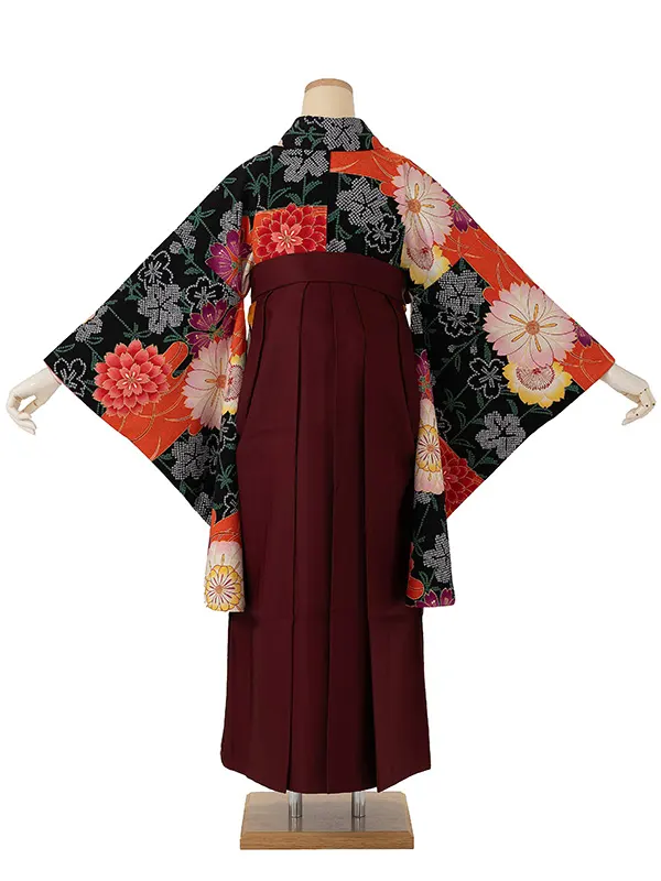 卒業式袴レンタルM0288八重桜・黒×えんじ