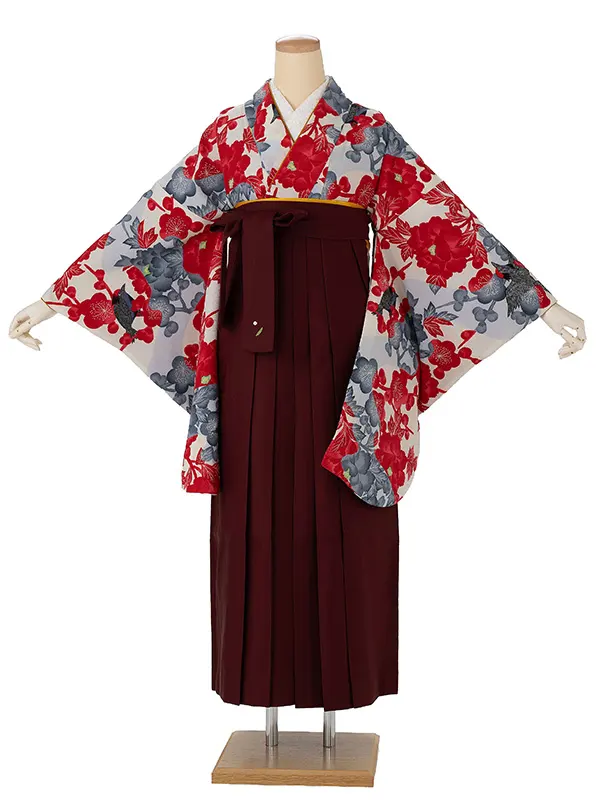卒業式袴レンタルM0291流水鳥・赤×えんじ