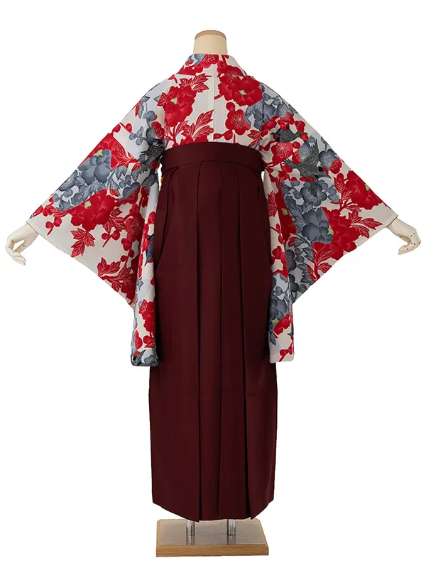 卒業式袴レンタルM0291流水鳥・赤×えんじ