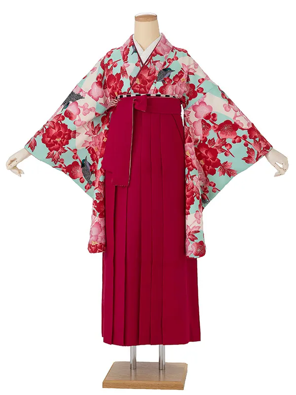 卒業式袴レンタルM0293流水鳥・水色×縞／ピンク